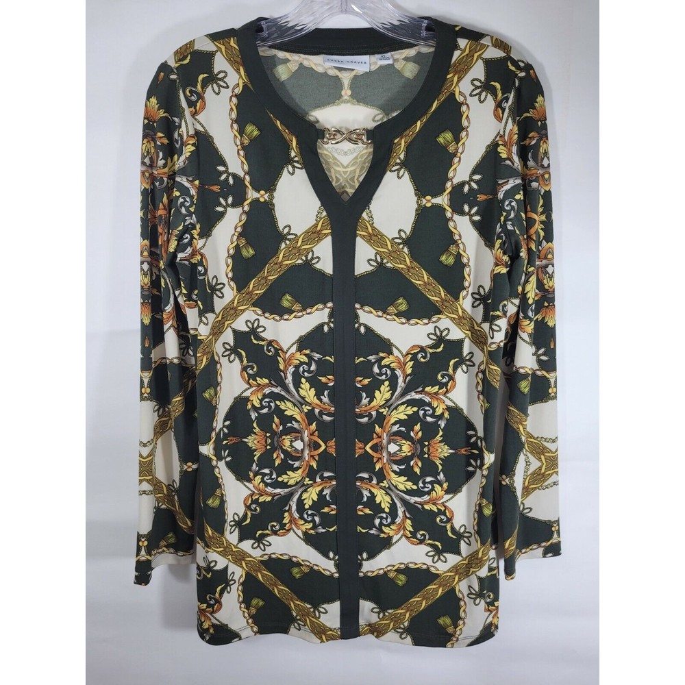 Susan Graver Women's Olive green Blouse Tassel Gold Chain Print Size X Small